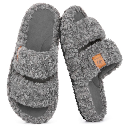 EverFoams Women's Fuzzy Open-Toe Slides – Soft Memory Foam Slippers, Non-Slip Rubber Sole, Fluffy Slip-On House Shoes, Ideal Mother’s Day Gift for Mom