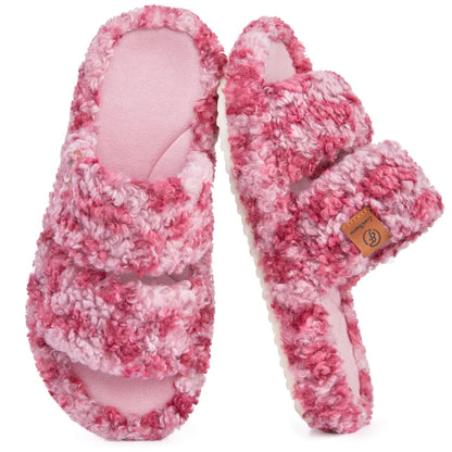 EverFoams Women's Fuzzy Open-Toe Slides – Soft Memory Foam Slippers, Non-Slip Rubber Sole, Fluffy Slip-On House Shoes, Ideal Mother’s Day Gift for Mom