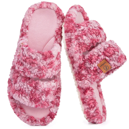 EverFoams Women's Fuzzy Open-Toe Slides – Soft Memory Foam Slippers, Non-Slip Rubber Sole, Fluffy Slip-On House Shoes, Ideal Mother’s Day Gift for Mom