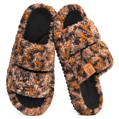 EverFoams Women's Fuzzy Open-Toe Slides – Soft Memory Foam Slippers, Non-Slip Rubber Sole, Fluffy Slip-On House Shoes, Ideal Mother’s Day Gift for Mom