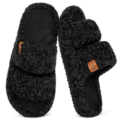 EverFoams Women's Fuzzy Open-Toe Slides – Soft Memory Foam Slippers, Non-Slip Rubber Sole, Fluffy Slip-On House Shoes, Ideal Mother’s Day Gift for Mom