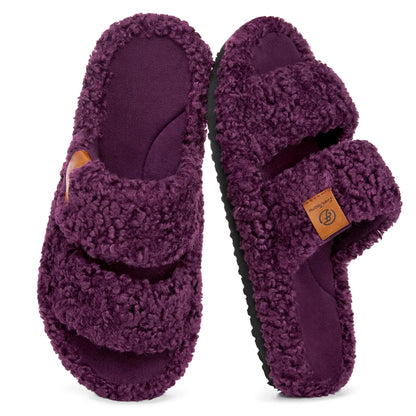 EverFoams Women's Fuzzy Open-Toe Slides – Soft Memory Foam Slippers, Non-Slip Rubber Sole, Fluffy Slip-On House Shoes, Ideal Mother’s Day Gift for Mom