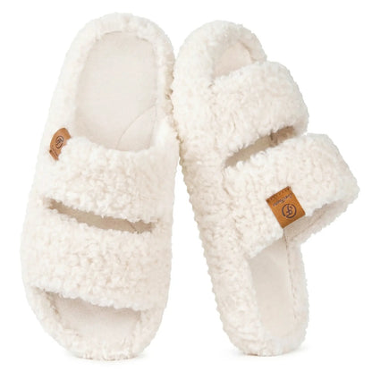 EverFoams Women's Fuzzy Open-Toe Slides – Soft Memory Foam Slippers, Non-Slip Rubber Sole, Fluffy Slip-On House Shoes, Ideal Mother’s Day Gift for Mom