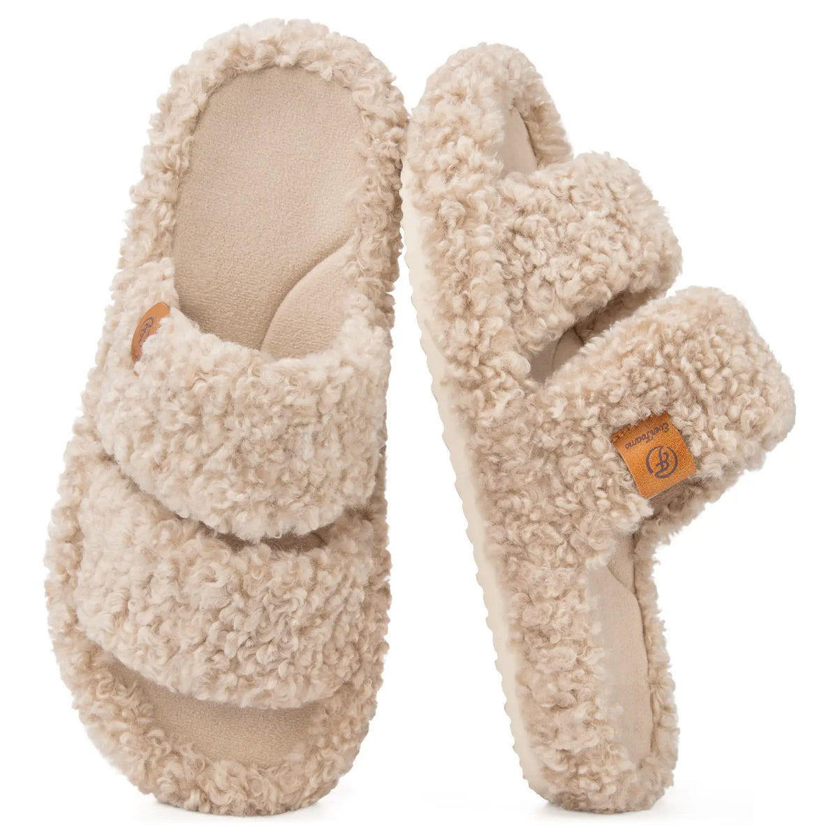 EverFoams Women's Fuzzy Open-Toe Slides – Soft Memory Foam Slippers, Non-Slip Rubber Sole, Fluffy Slip-On House Shoes, Ideal Mother’s Day Gift for Mom