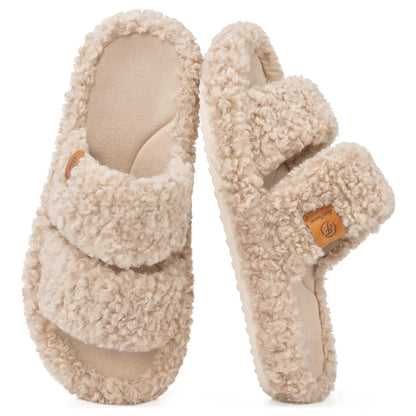 EverFoams Women's Fuzzy Open-Toe Slides – Soft Memory Foam Slippers, Non-Slip Rubber Sole, Fluffy Slip-On House Shoes, Ideal Mother’s Day Gift for Mom