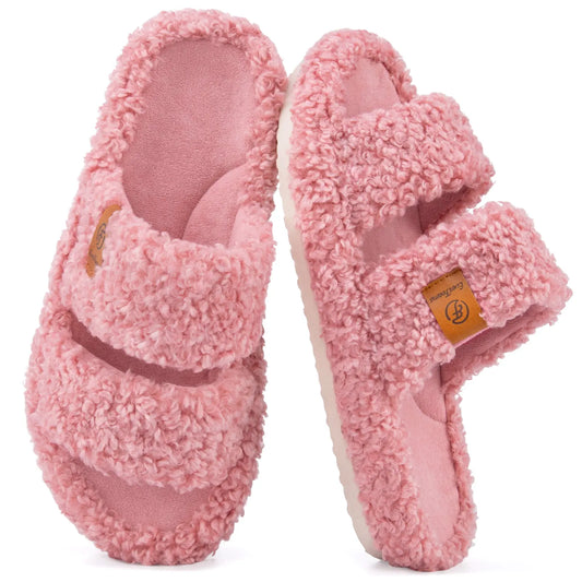 EverFoams Women's Fuzzy Open-Toe Slides – Soft Memory Foam Slippers, Non-Slip Rubber Sole, Fluffy Slip-On House Shoes, Ideal Mother’s Day Gift for Mom